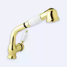Смеситель для кухни однорычажный с выдвижным душем Cezares ELITE-LLDM-03/24-Bi Золото ручка Белая