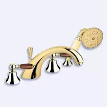 Смеситель на борт ванны с ручным выдвижным душем Cezares FIRST-BVD-03/24-Nc Золото 24 карат ручка Орех
