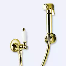 Гигиенический душ со шлангом 120см, запорным вентилем  и держателем Cezares FIRST-KS-03/24-Bi Золото 24 карат ручка Белая