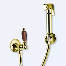 Гигиенический душ со шлангом 120см, запорным вентилем  и держателем Cezares FIRST-KS-03/24-Nc Золото ручка Орех
